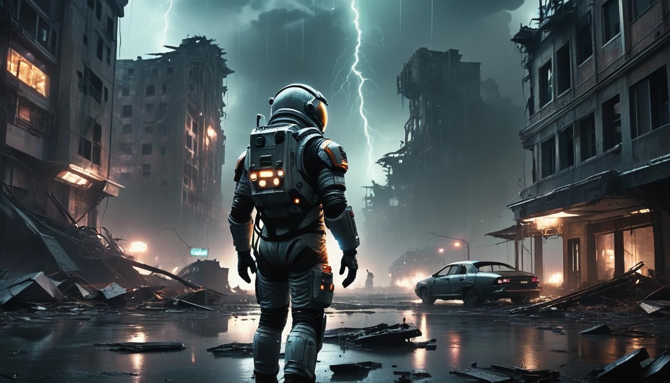Astronaut Crash Landing in Ravaged Futuristic City