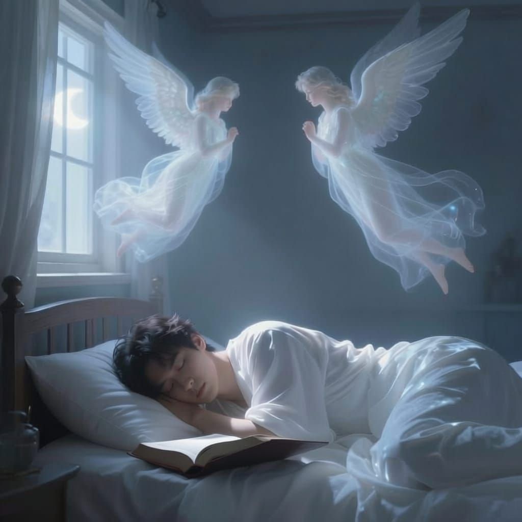 Man in Bed Sees Faint Angelic Figures in Moonbeam