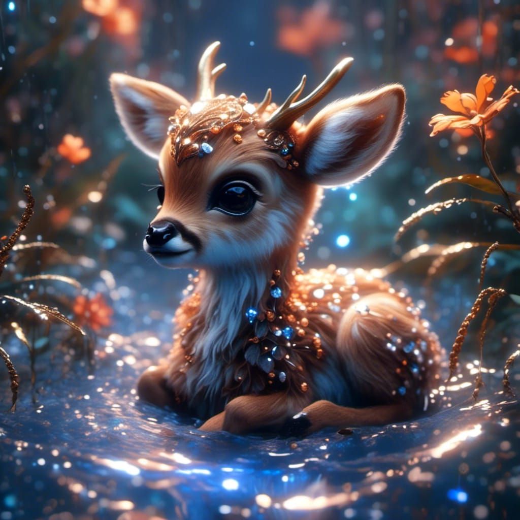Sweet Baby Deer Oil Painting in Chibi Style