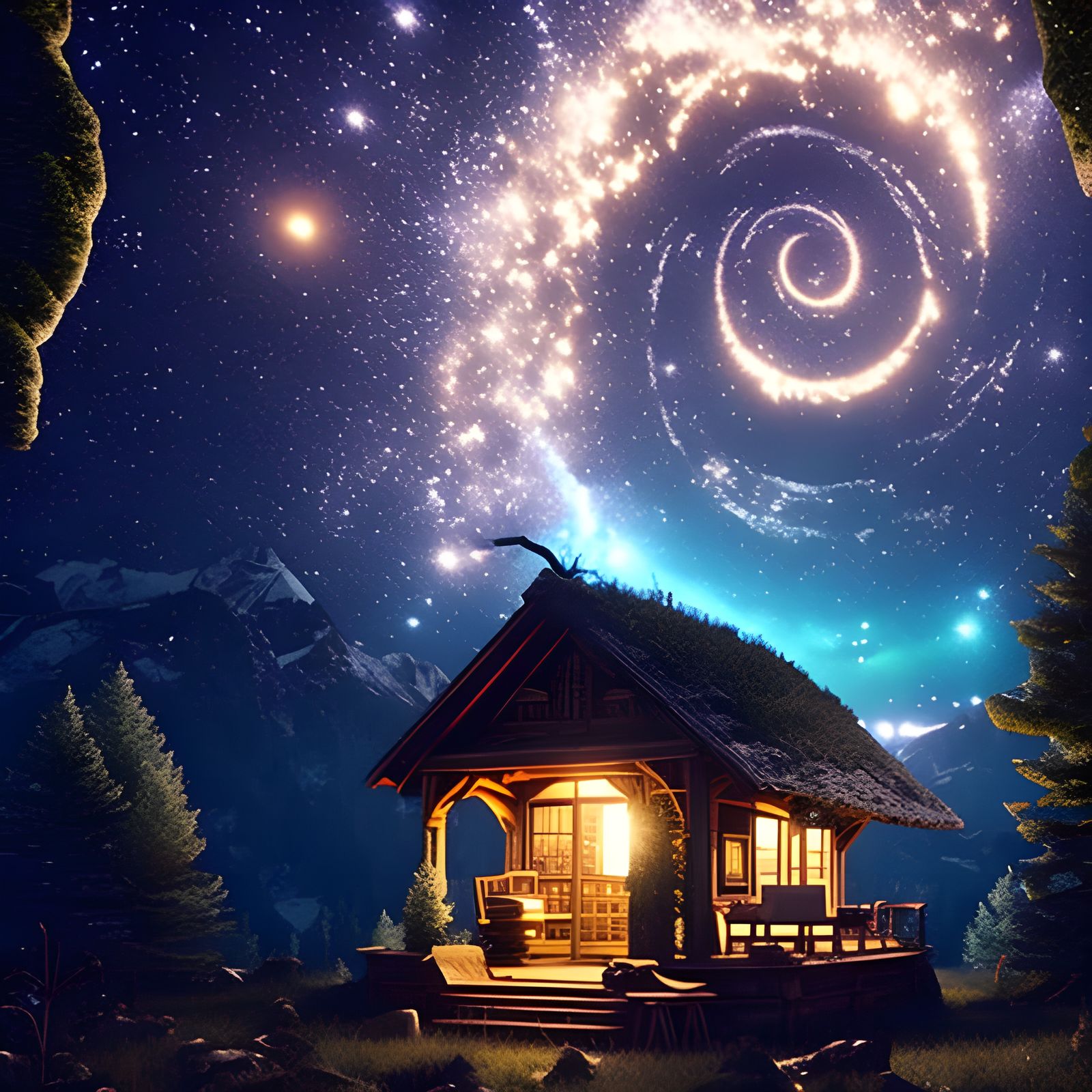 Cozy Cabin Under Starry Sky, Detailed Art