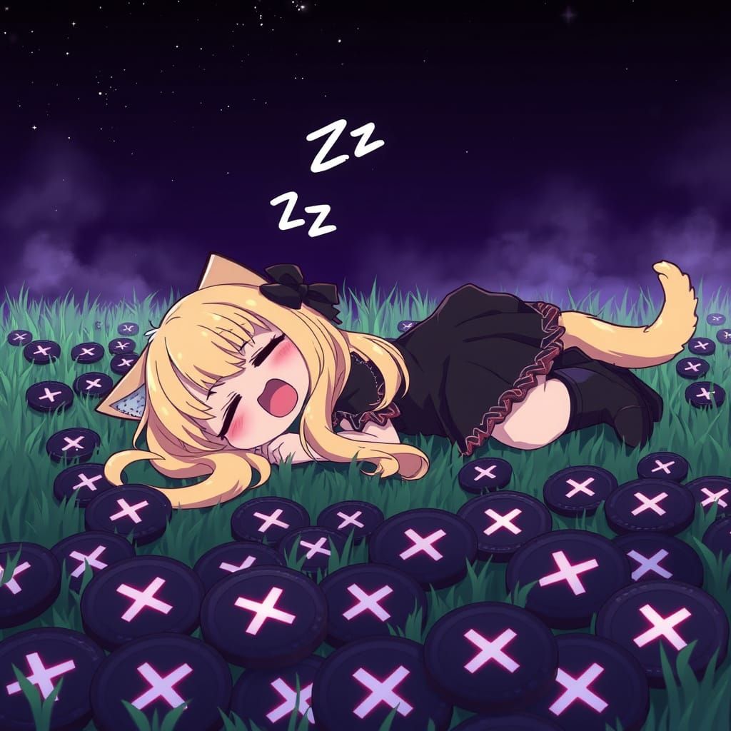 Anime Catgirl Sleeps in XRP Field under Synthwave Sky