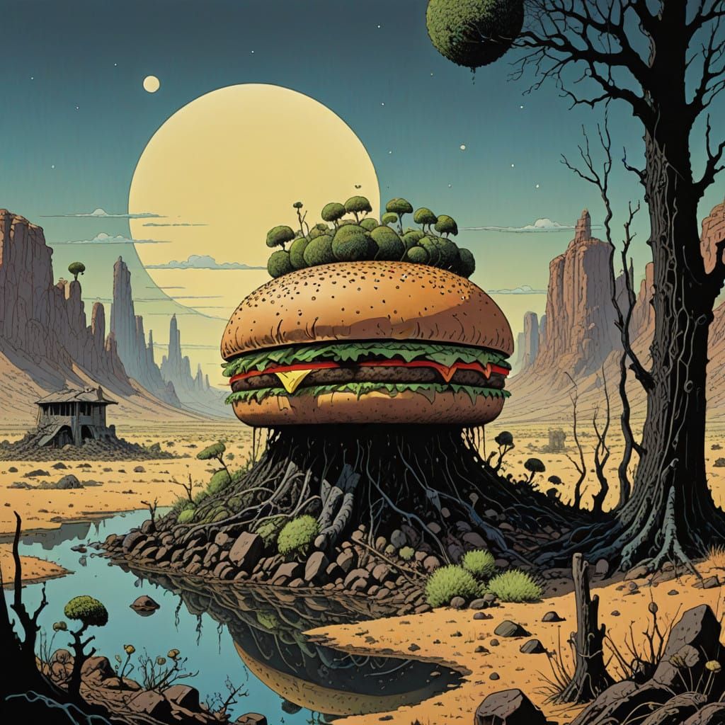 Whimsical Post-Apocalyptic Burger Landscape in Line Drawing