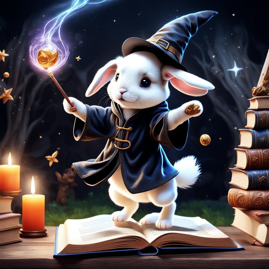 Rabbit Wizard Conjuring Magic Spell with Puppy