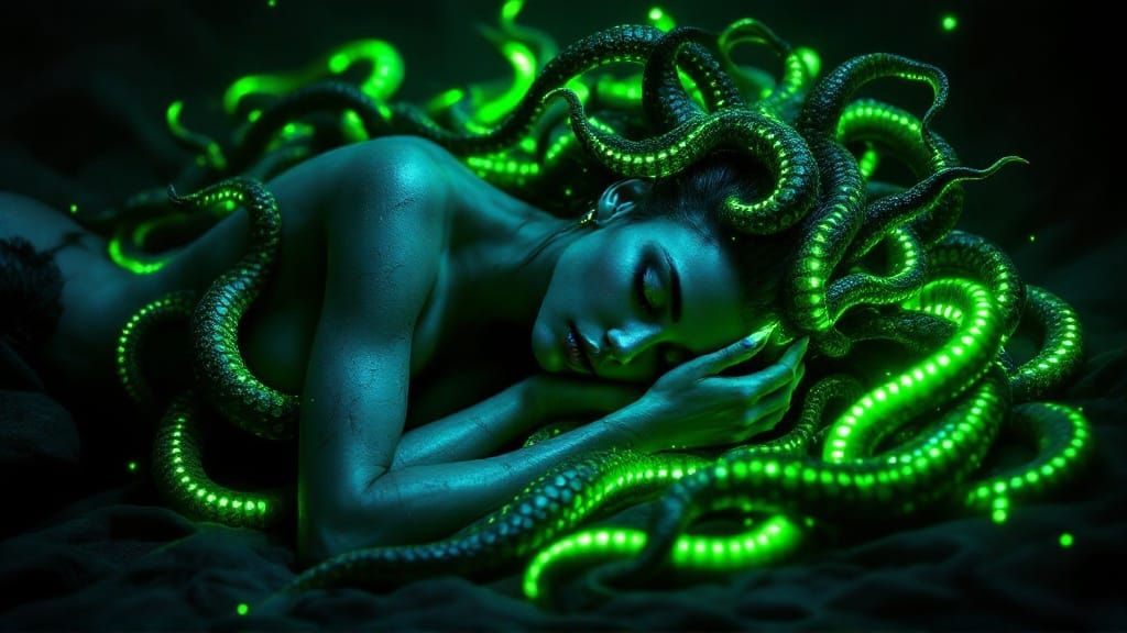 Medusa as a Radiant, Neon Goddess in Shimmering Hues