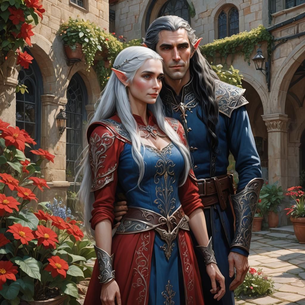 A tall female  elf  in her late 50's with very long silver h...