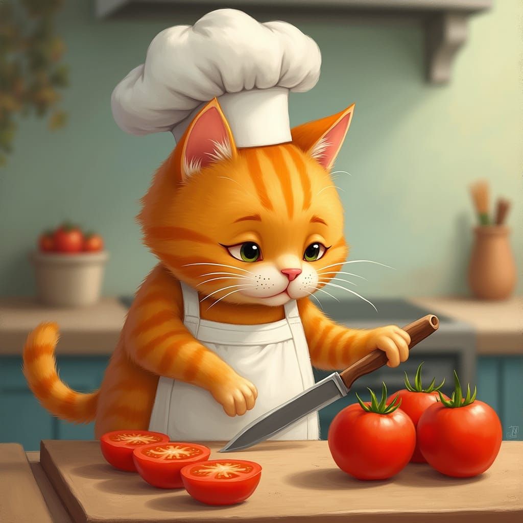 Whimsical Chef Cat Prepares Tomatoes in Kitchen
