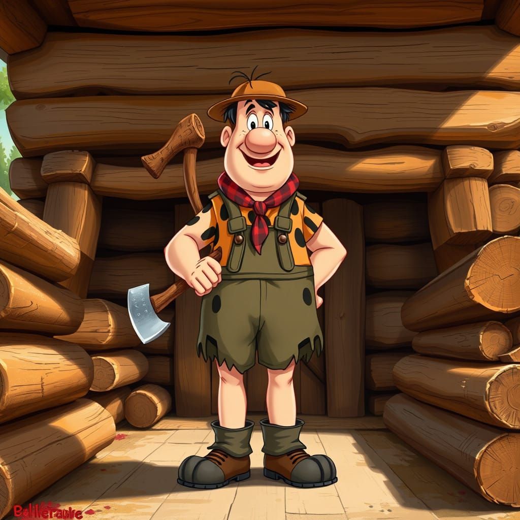 Fred Flintstone, Lumberjack, in a Nostalgic Cabin-Style Sett...