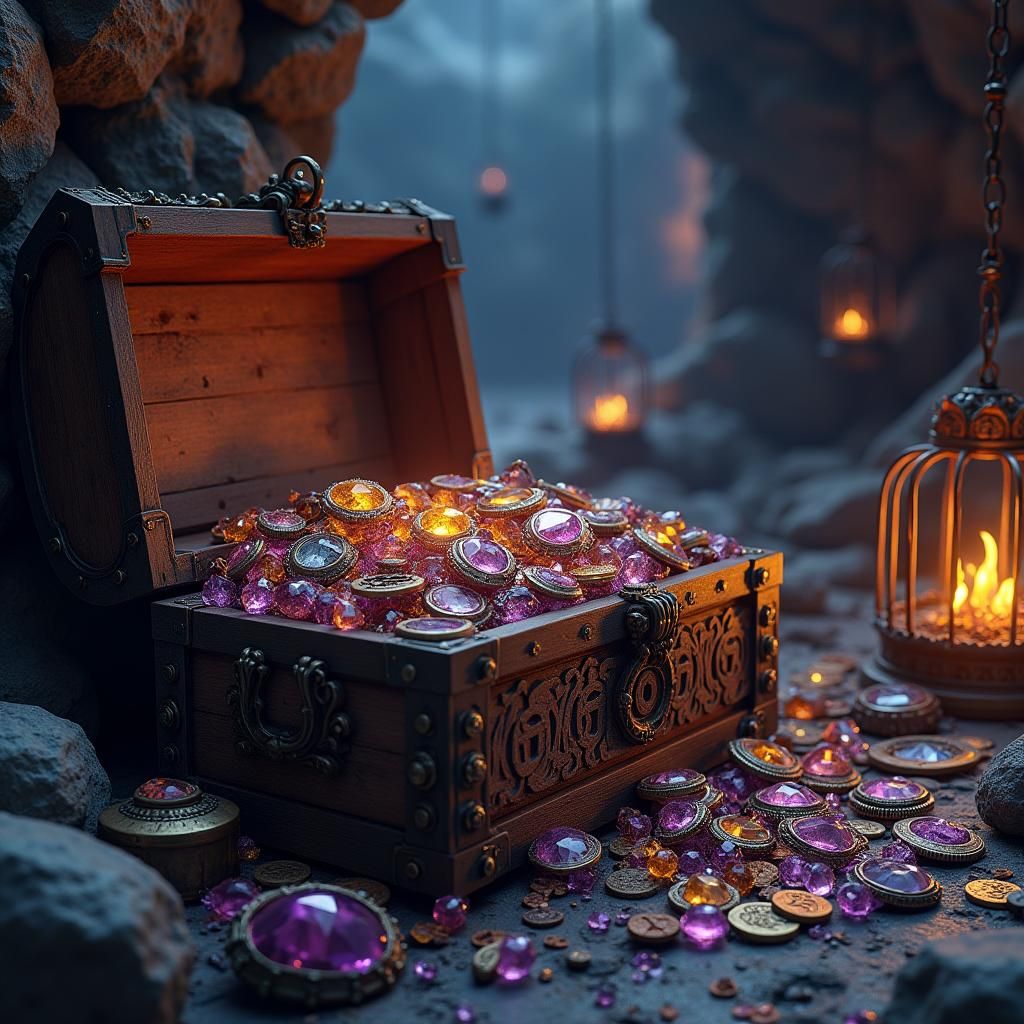 Fantasy Treasure Trove in a Dark Cave: Digital Art