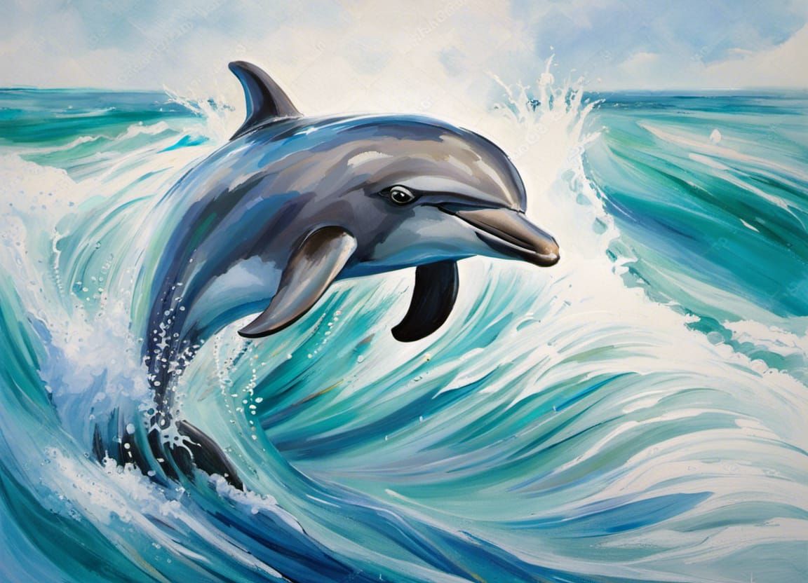 A dolphin struggling in a rough sea.