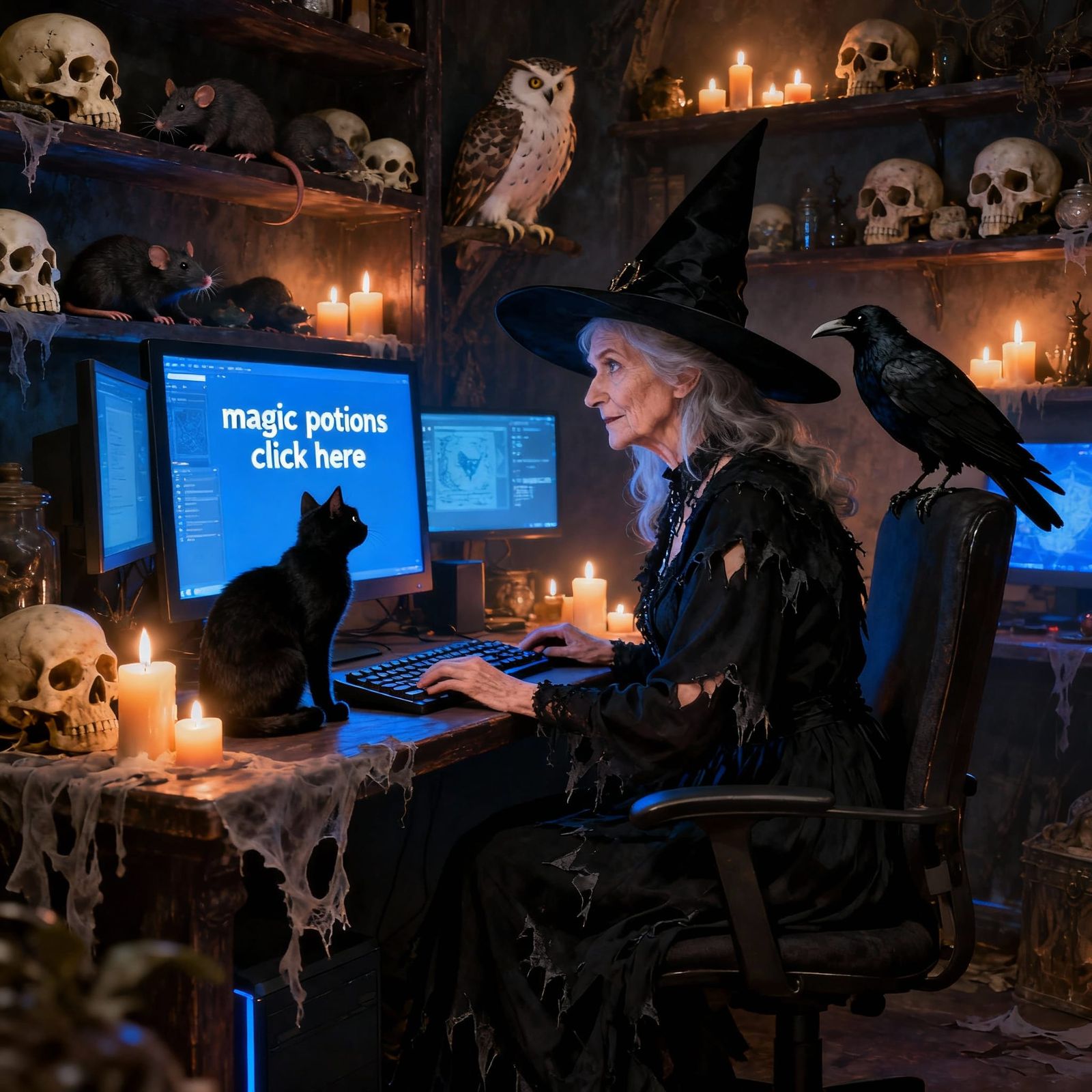 Beautiful Witch Spellcasting in Dark Room with Skulls and Ca...