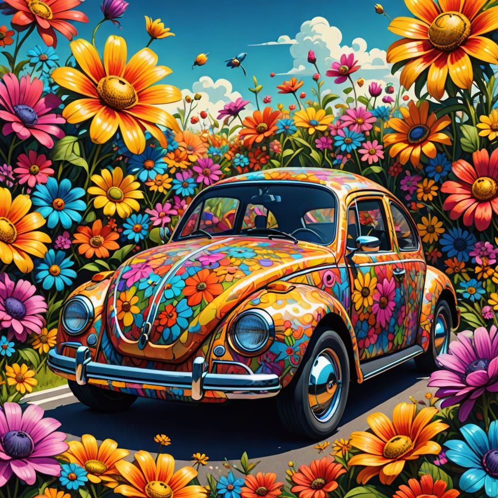 Psychedelic Flower-Covered Volkswagen Beetle in Pop Art