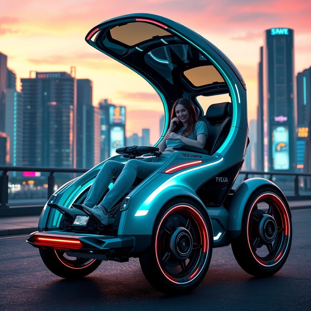 Sleek Futuristic Wheelchair for Lovers in Cyberpunk City