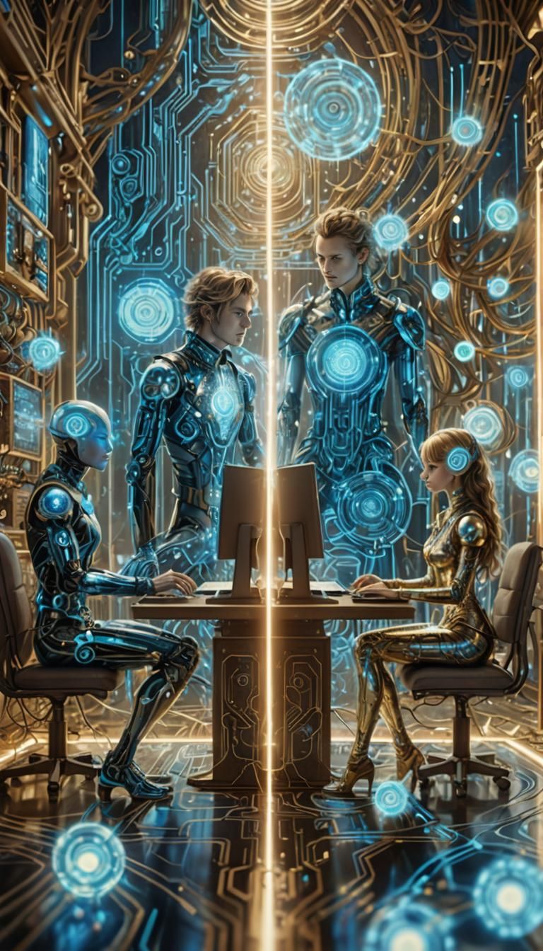 Android and Human at Computers in Fantasy Style