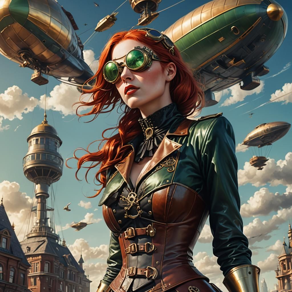 Steampunk Girl Gazing at Airship Illustration