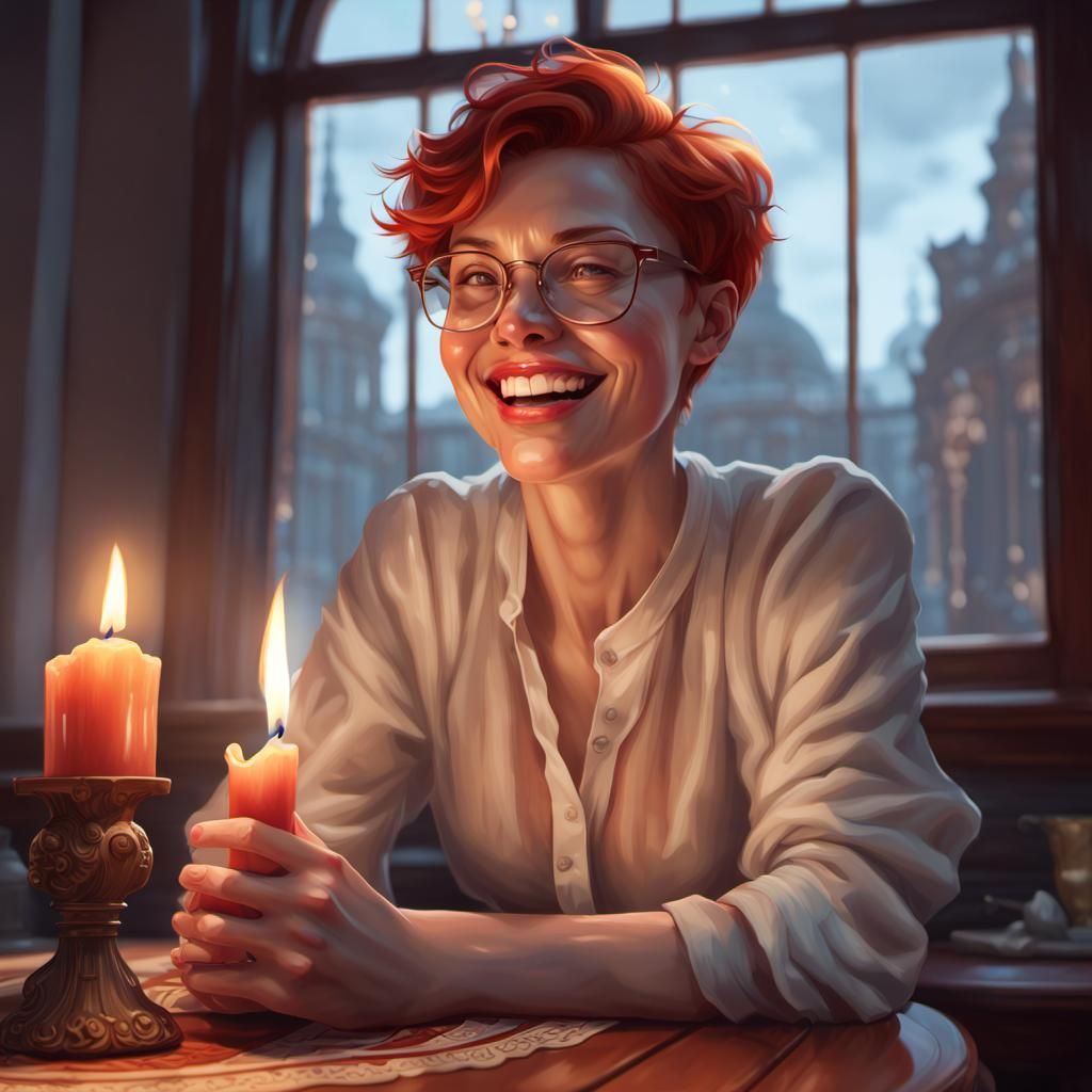 woman with short ginger hair and glasses laughing feet up on...