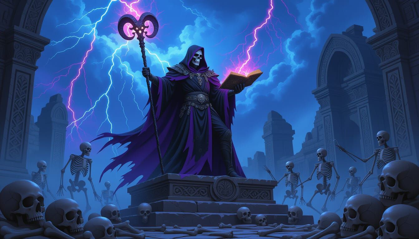 Necromancer Skeletor in Mystical Ruins, Matte Painting