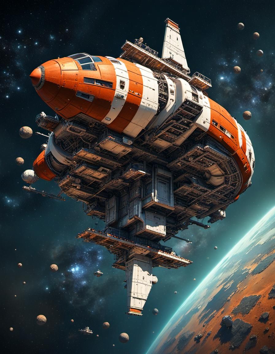 Ian McQue Style Sci-Fi Spaceship in Deep Space