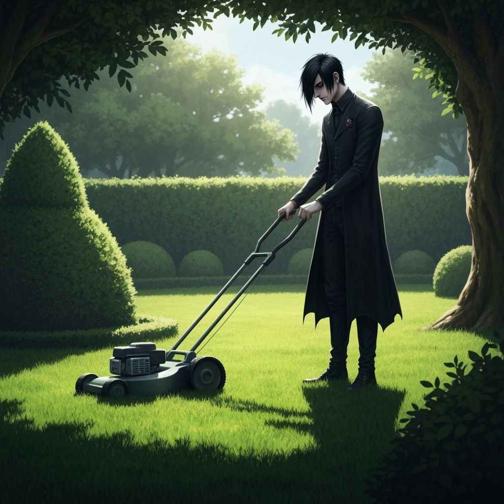 Goth Man Mowing Lawn in Detailed Concept Art Garden