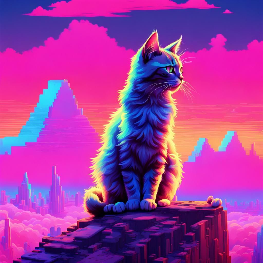 Vaporwave Cat on Pixelated Hill at Sunset
