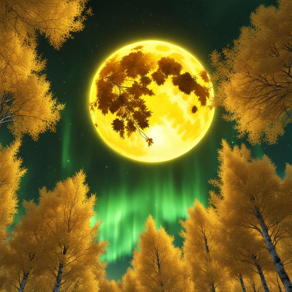 Autumn Moon Surrounded by Birch Leaves and Aurora