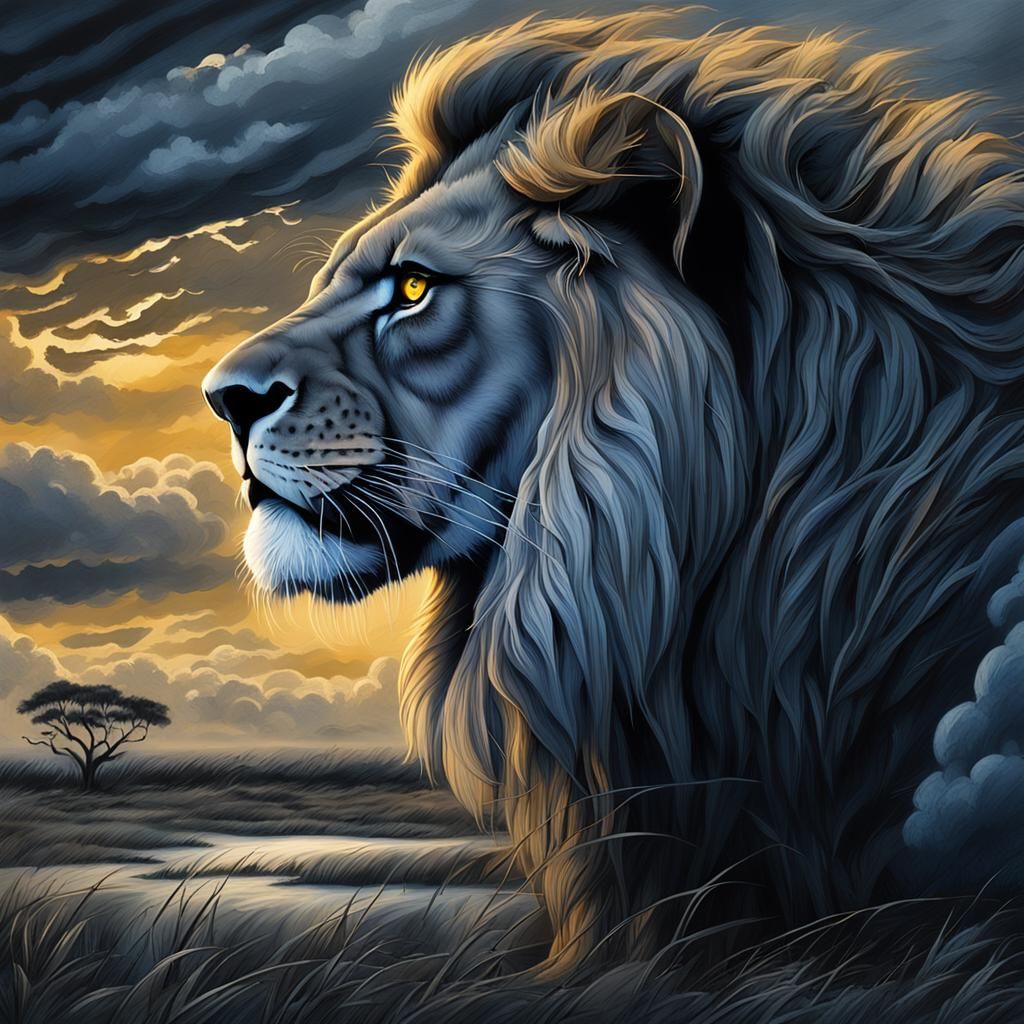 Lion's Gaze: Savannah Twilight Storm in Hyperrealism