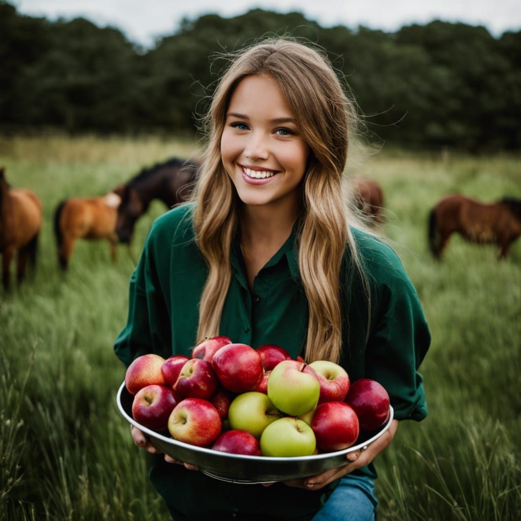Girl Offers Apples to Wild Ponies: Hyperrealistic