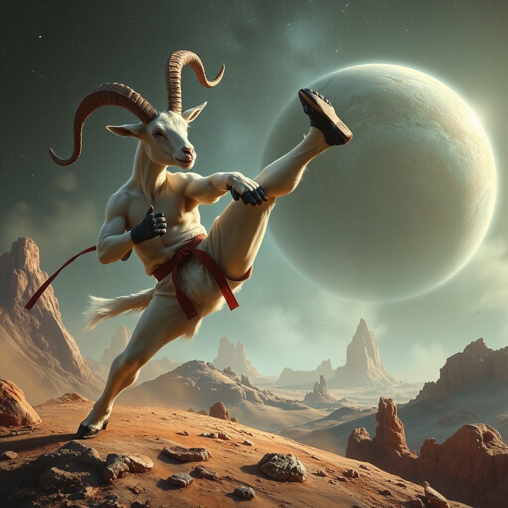 Karate kid joke: a goat, karate kicking on an alien planet in a sci-fi digital painting.”