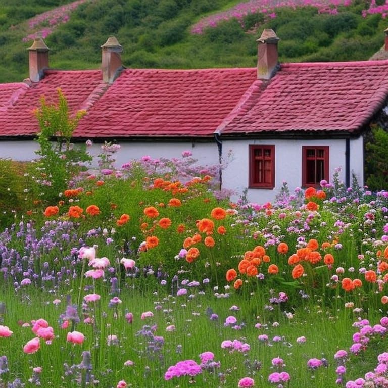 Countryside village, little houses, flowers, in the meadows,...