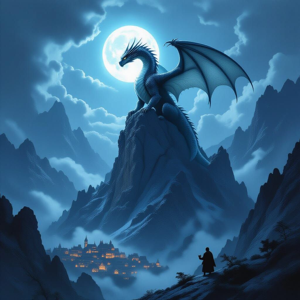 Sinister Dragon Guards Mountain Village in Dark Fantasy Art