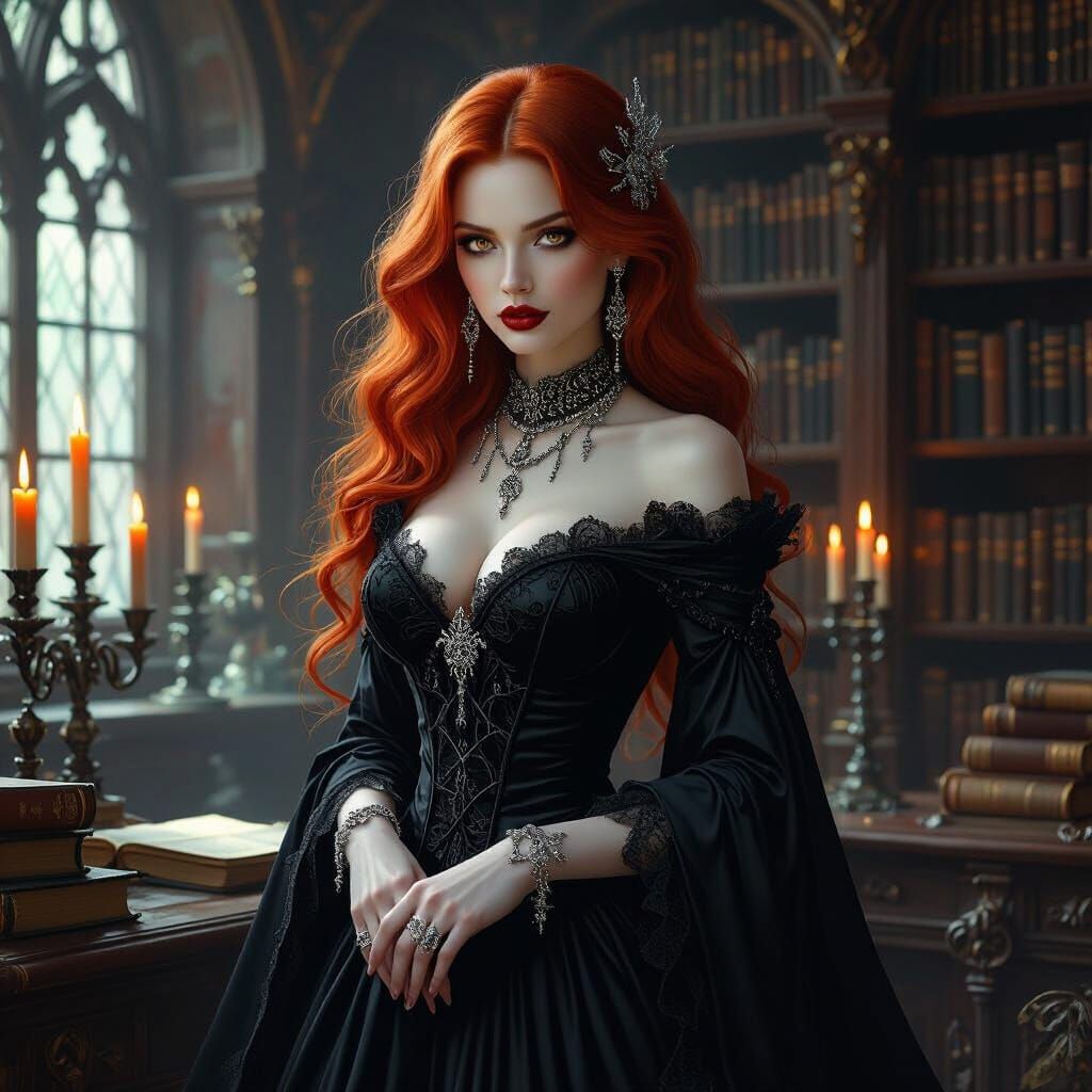 Gothic Vampire in Library, Dark Fantasy Art