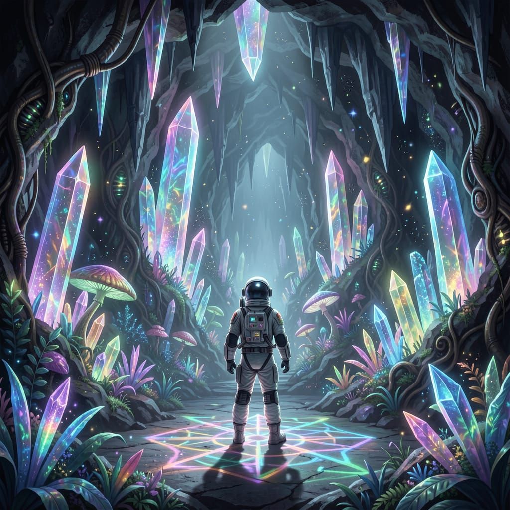 Astronaut Discovers Bioluminescent Jungle in Crystal Cave