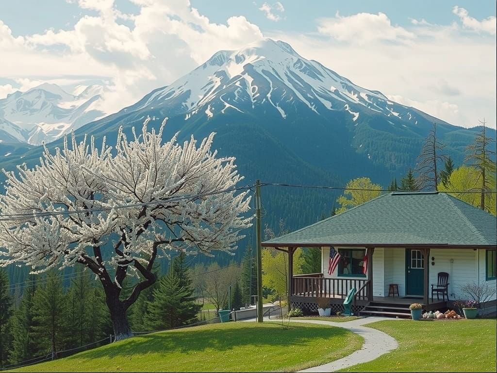 Serene Cherry Blossom Cottage in Sharp Focus
