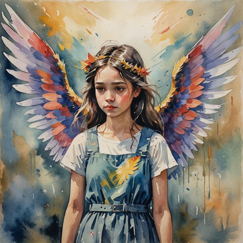 Pretty Girl with Fading Wings: Gouache Watercolor Painting