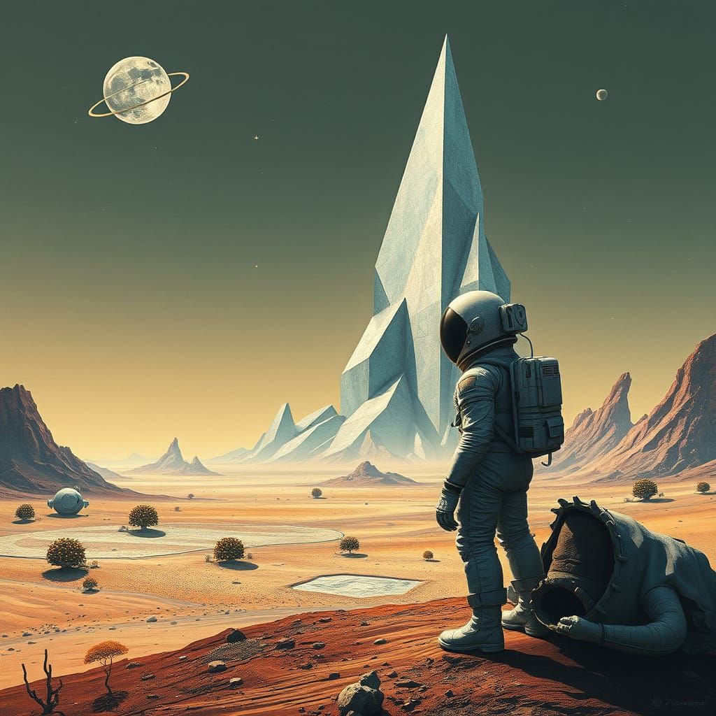 Astronaut on Alien Planet Gazing at Geometric Structure