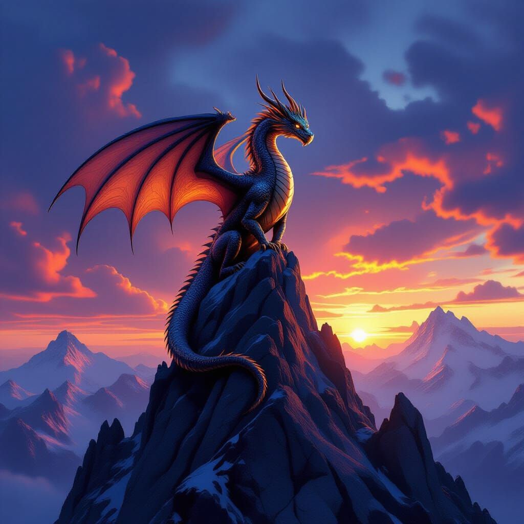 Majestic Dragon on Mountain Peak at Twilight