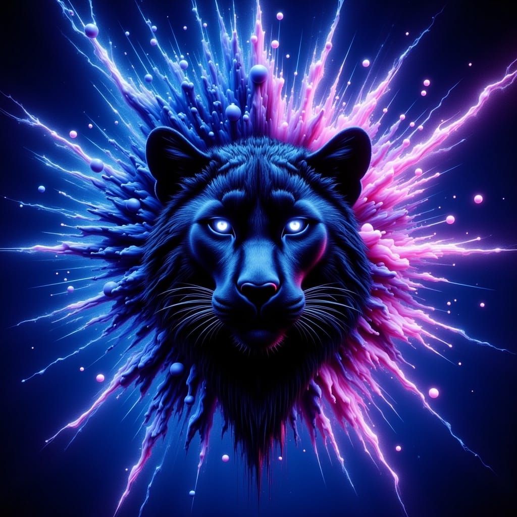 Exploding Black Panther in Retro-Futuristic Style