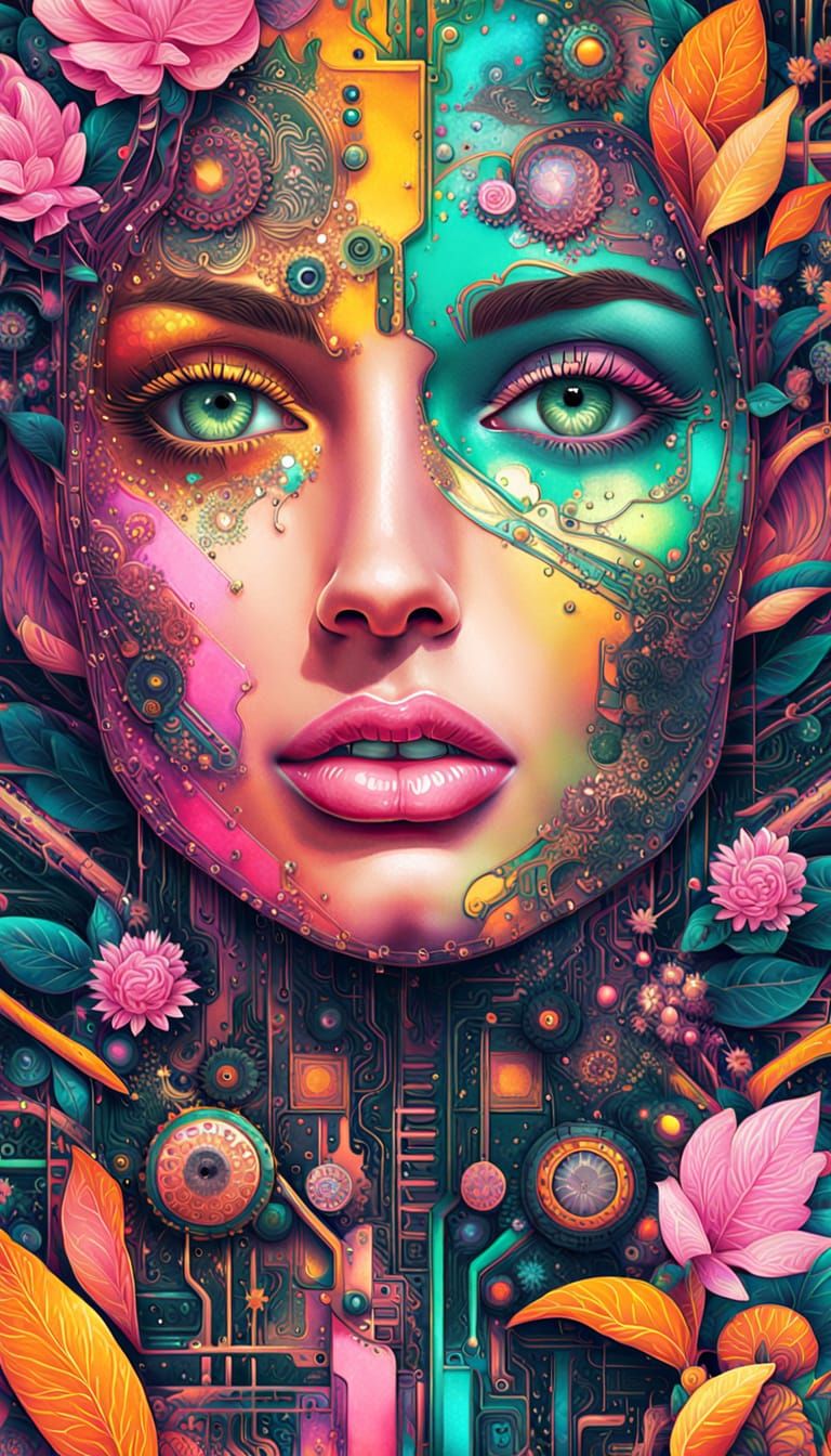 Surreal Cybernetic Woman Portrait in Psychedelic Colors