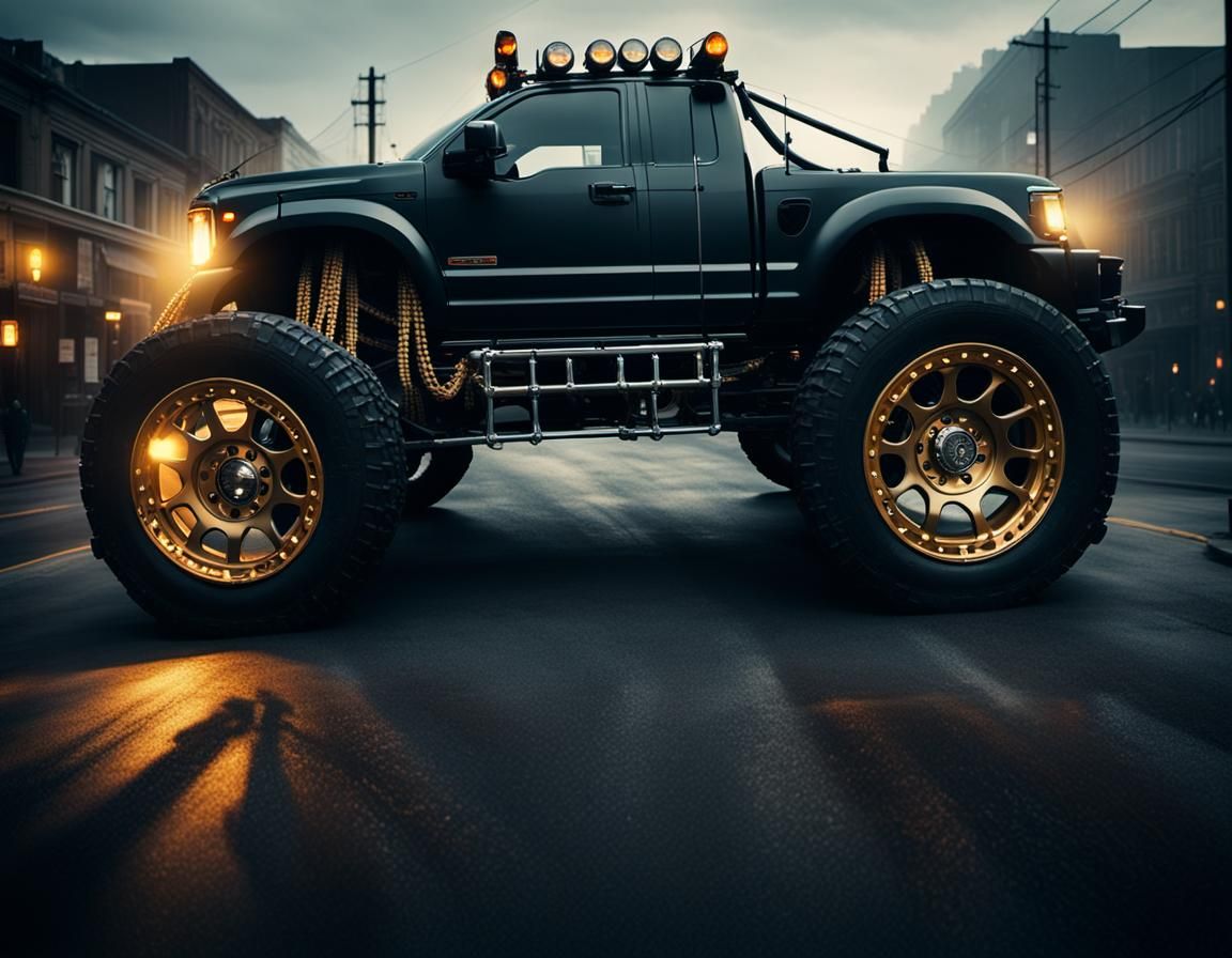 Black Tow Truck on Steep City Street, Film Noir