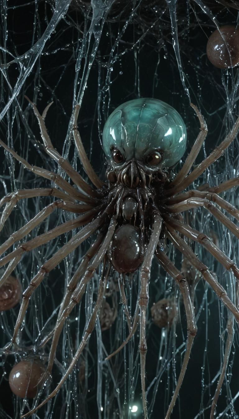 Surreal Bioluminescent Spiders Emerging from Fleshy Masses