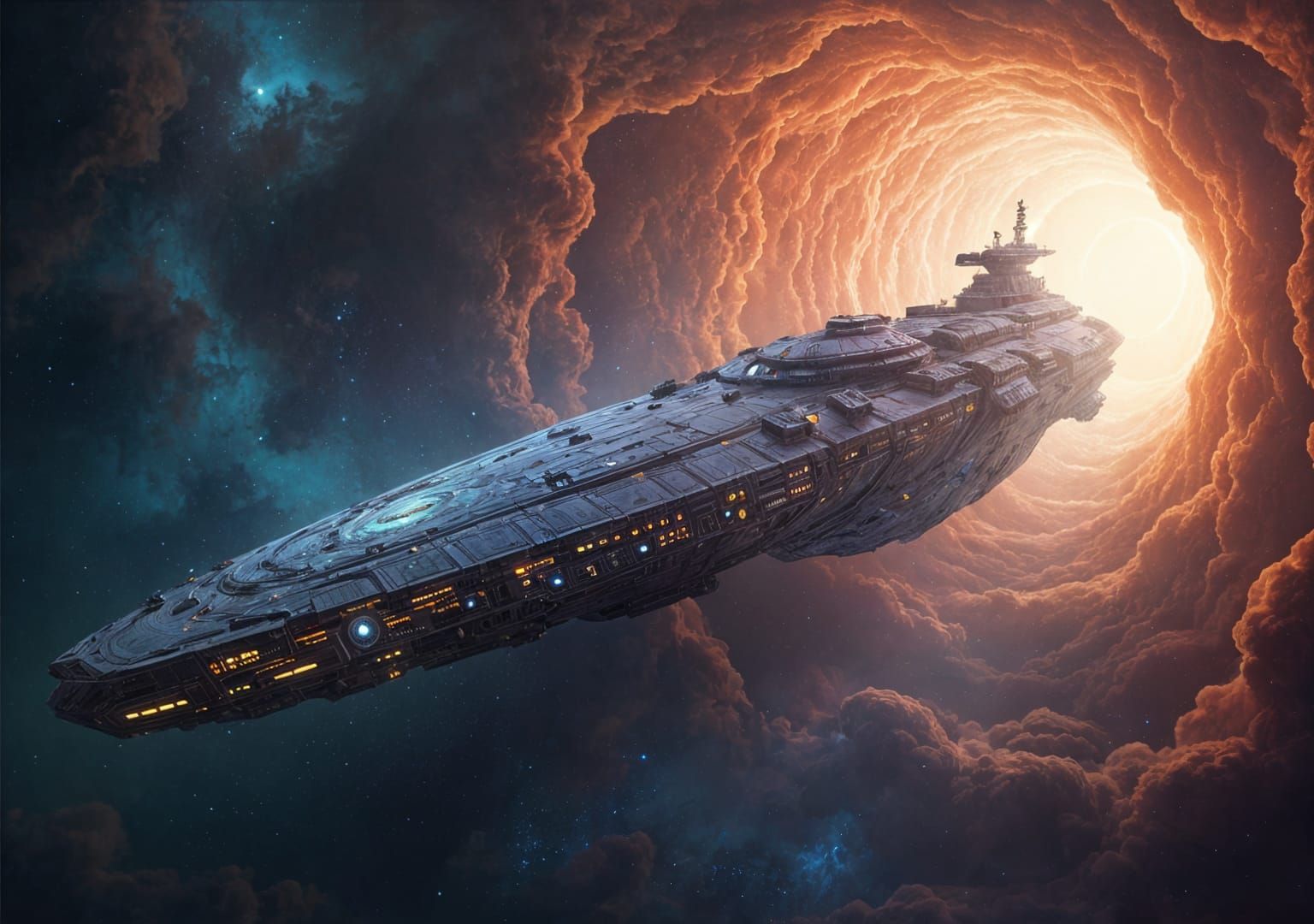 Starship Navigates Wormhole Amidst Vibrant Nebulas