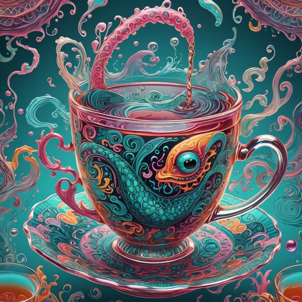 Surreal Tea Cup with Mini Monster, Digital Art