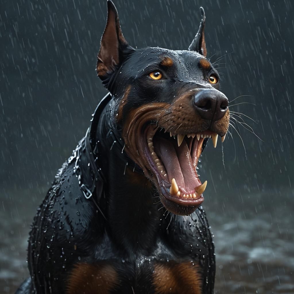 Menacing Black Doberman in a Storm with 3D Lightning