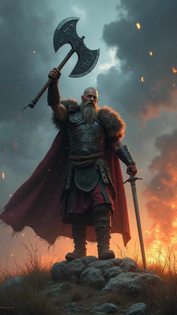 Viking Warrior on Stormy Battlefield with Axe and Sword