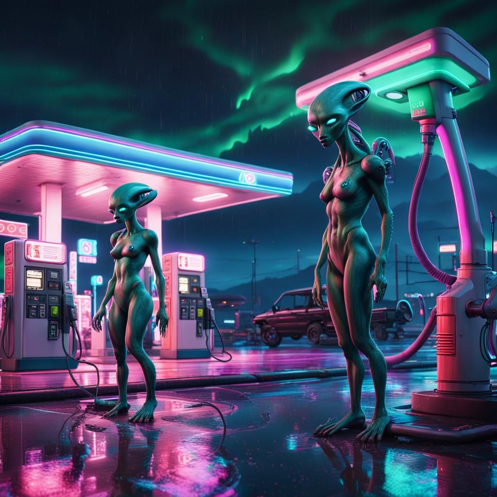 Cyberpunk Aliens Refueling at Neon Gas Station