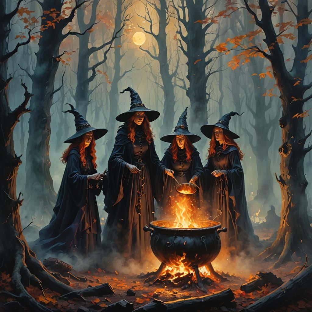 Witches' Spell in a Misty Forest, Dark Surrealism