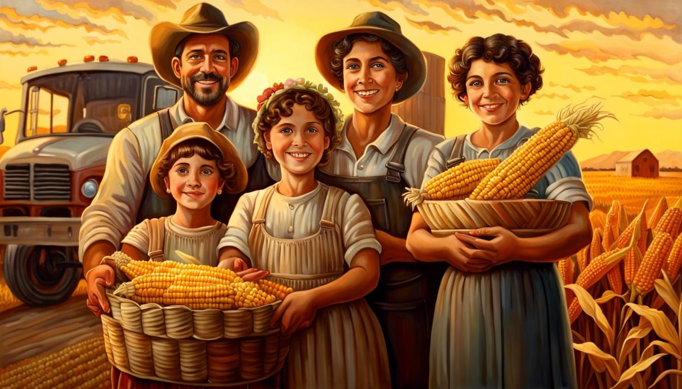 Happy Farmer Family at Sunrise in Oil Painting Style