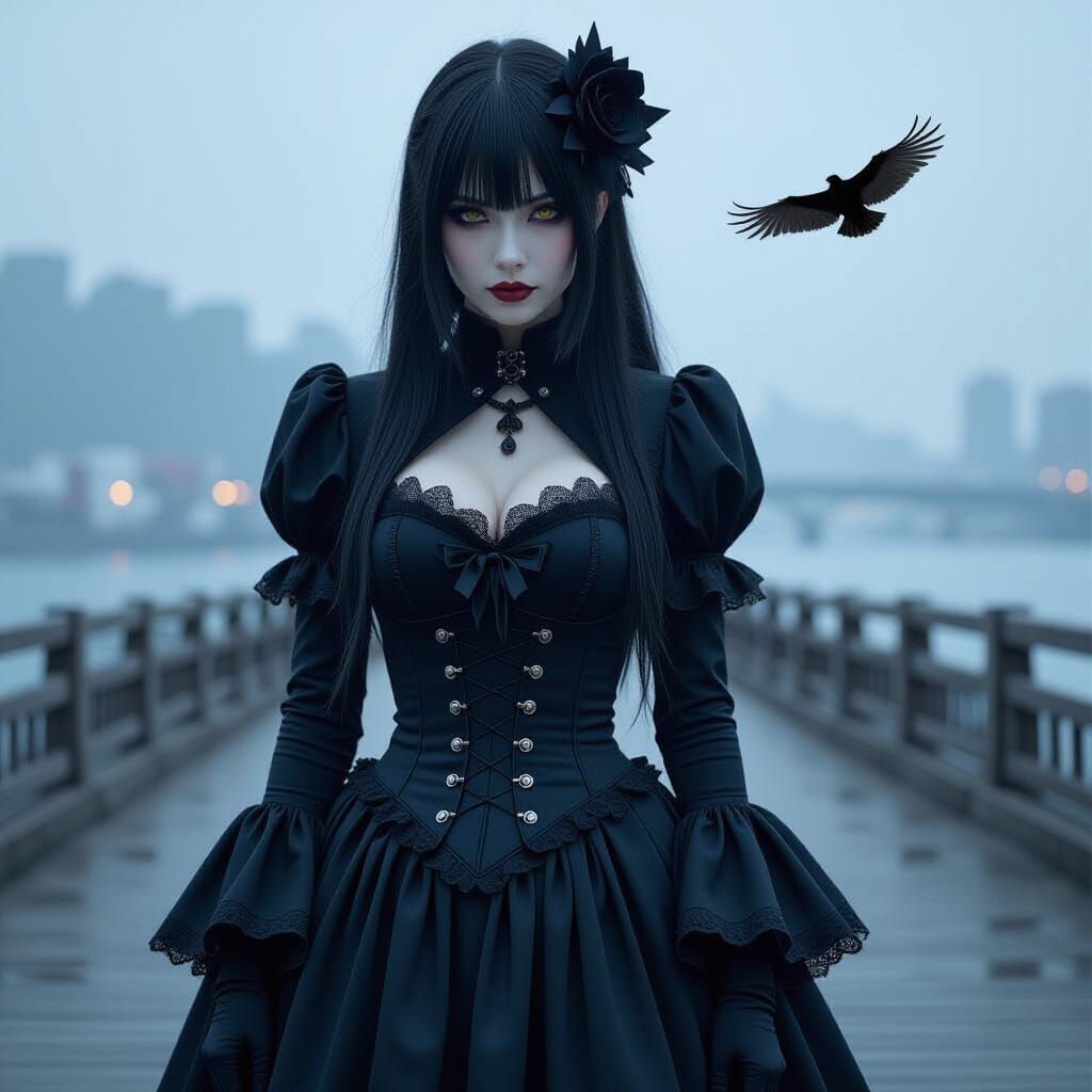 Gothic Japanese Woman in Stormy Underworld