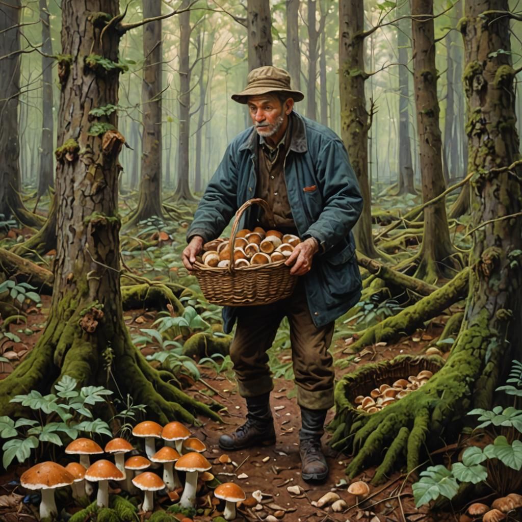 Mushroom Forager in Forest, Oil Painting
