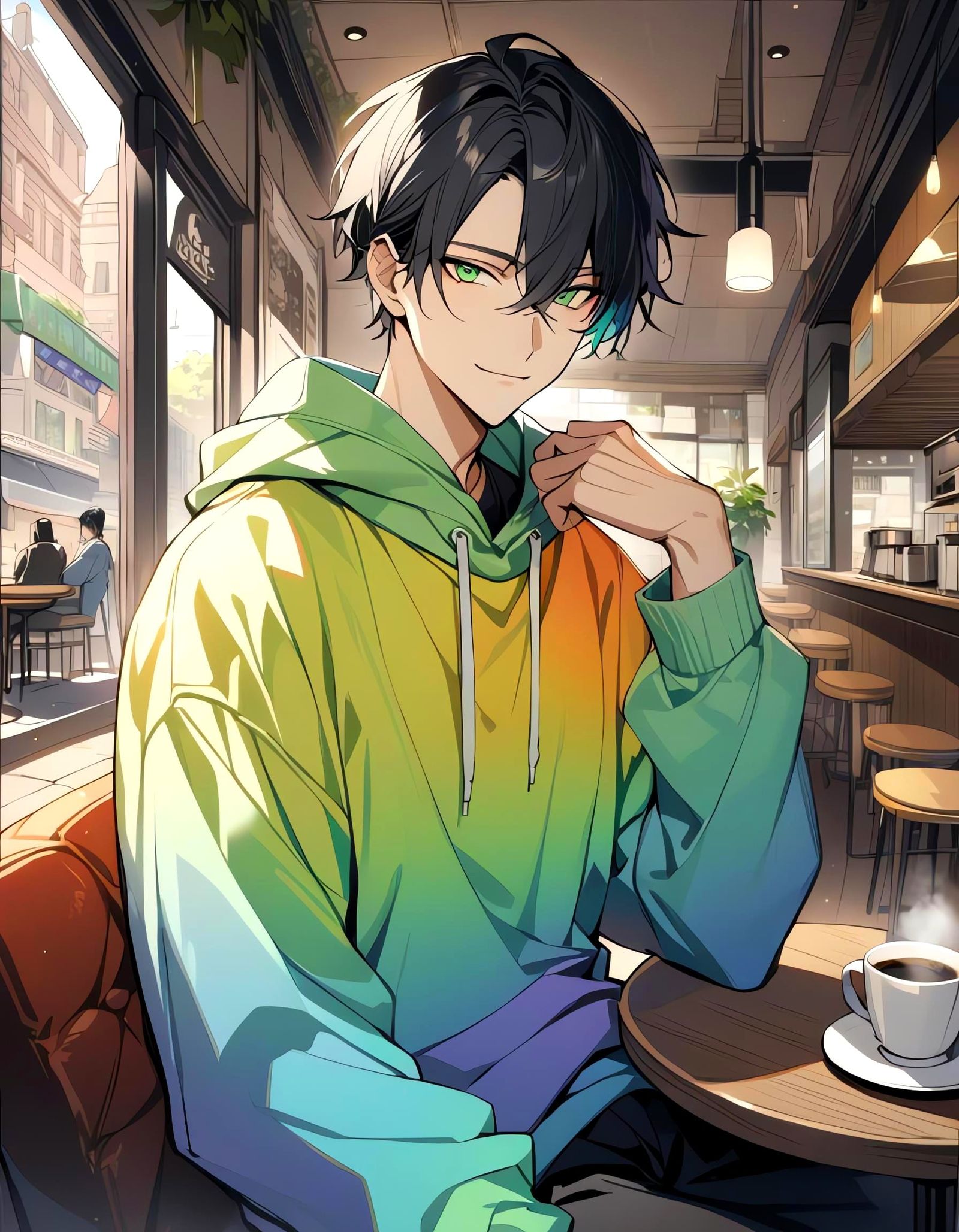 Anime Boy Enjoying Coffee in Cafe Setting