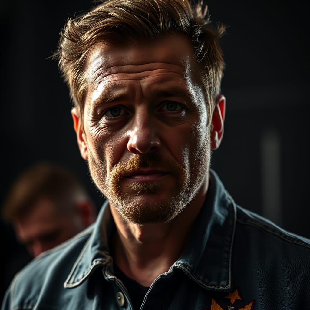 bayrischer Schlagersänger mit braunen Haaren und einem bayrischen Anstecker auf der Jeansjacke in Nahaufnahme  intricate...